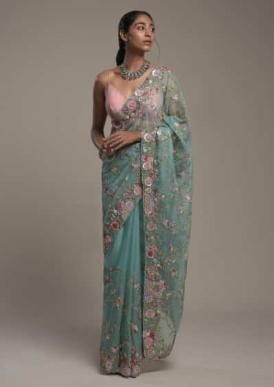Ocean Green Saree In Organza With Hand Embroidery Work In Floral Design And Unstitched Blouse  