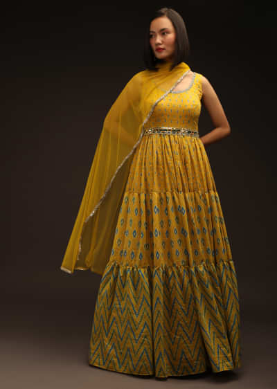 Ochre Anarkali Suit In Silk With Ikkat Print And Mirror Embroidery