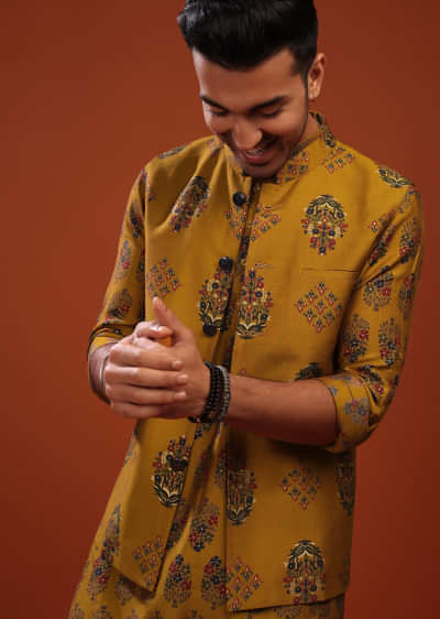 Ochre Gold Yellow Nehru Jacket And Kurta Set In Floral Motifs Print, Full Sleeves Kurta In Mandarin Collar Neckline With Full Sleeves