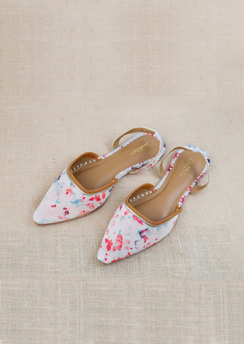 Off White Mules With Back Strap Featuring Multi Colored Water Color Print And Braided Rose Gold Zari By Vareli Bafna