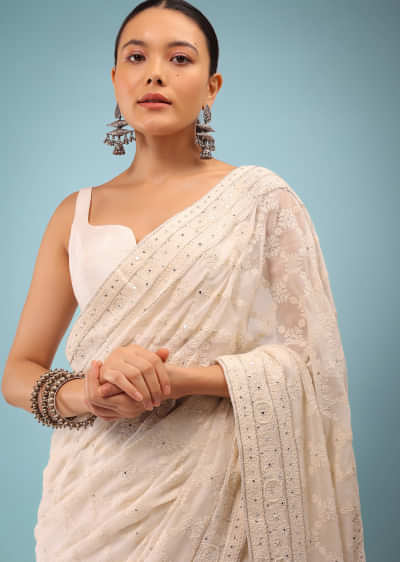 Off-White Georgette Saree In Moroccan Lucknowi Threadwork With Mirror And Cut Dana Detailing Work On The Pallu