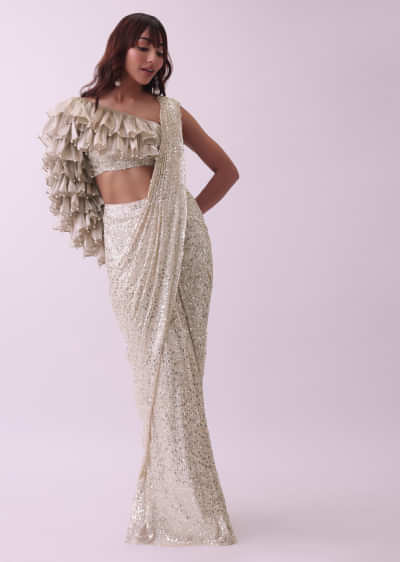 Buy Off-White Unstitched Sequins Saree And Blouse With Cowl