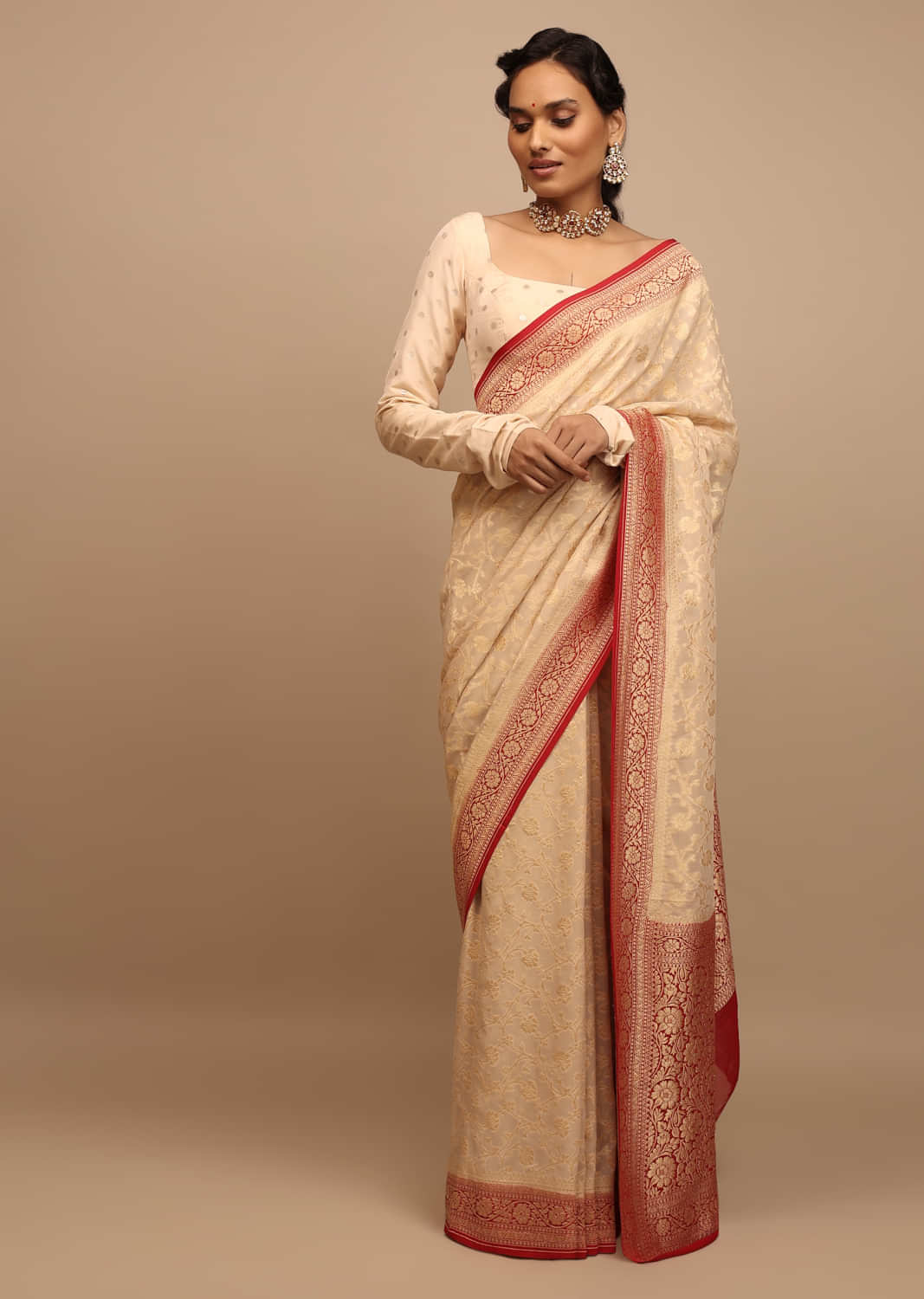 Off White Saree In Georgette With Contrasting Red Border And Woven Floral Jaal Work