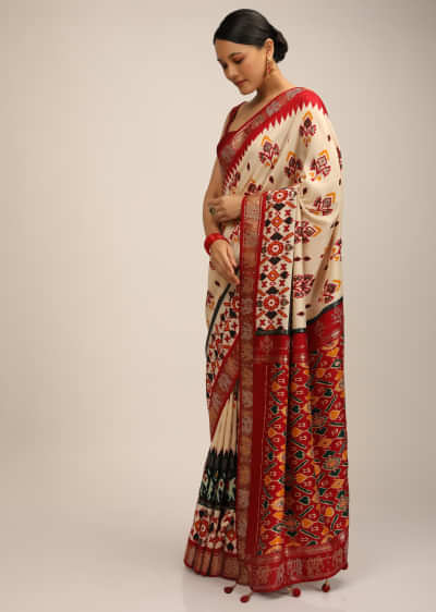 Off White Saree In Silk With Multi Colored Patola Print And Maroon Pallu