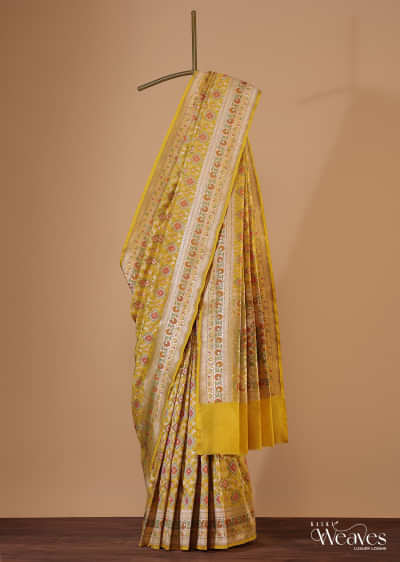 Honey Yellow Banarasi Patola Saree In Katan Silk And Ikat Weave With Unstitched Blouse