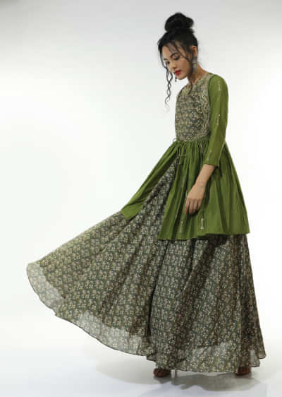 Olive Green Long Dress With Floral Jaal Print And An Attached Peplum Jacket With Front Tie Up And Zari Work  
