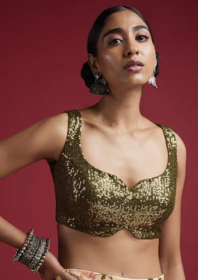 Olive Green Sleeveless Blouse Embellished In Sequins With Notched Neckline