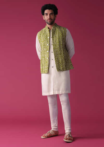 Olive Green Jacket Kurta Set In Tussar Silk With Bandhani Print