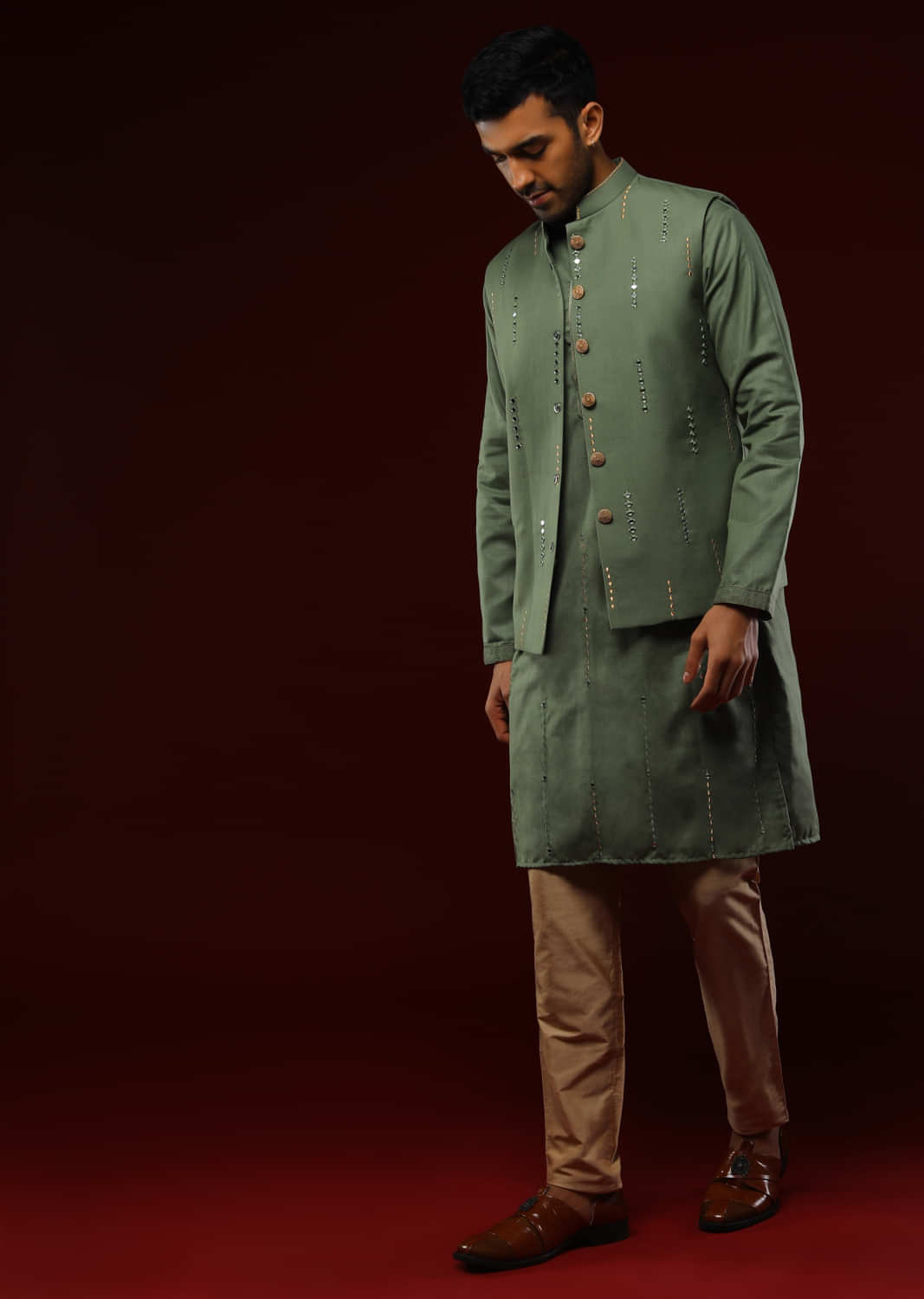 Olive Green Nehru Jacket Set With Mirror Abla And Zari Embroidered Vertical Stripes