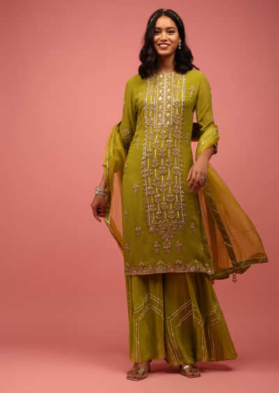 Olive Green Straight Palazzo Suit Fully-Hand Embellished In Georgette