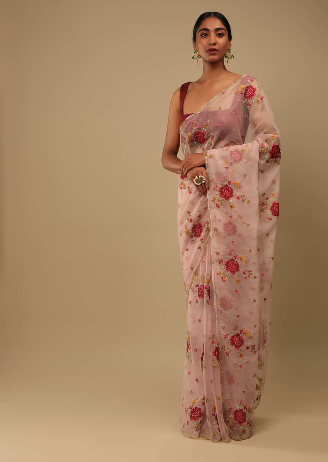 Onion Pink Saree In Organza With Thread Embroidered Rose Motifs And Unstitched Blouse  