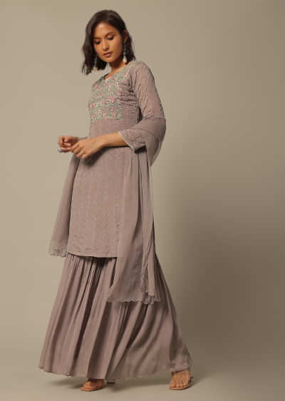 Onion Pink Chiffon Sharara Set With Sequin Embroidery