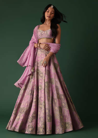 Onion Pink Printed Lehenga Set In Banarasi Silk