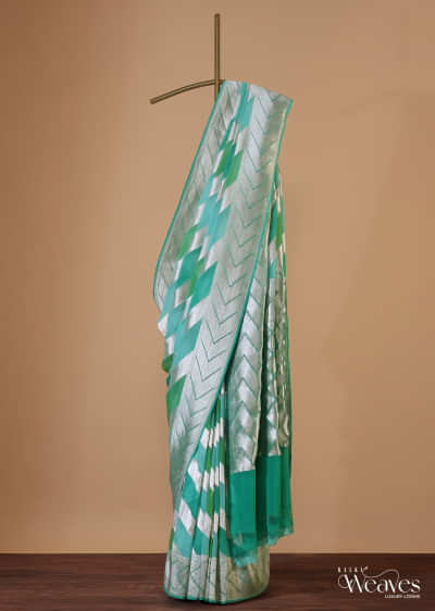 Sea Green Saree In Georgette With Striped Banarasi Zari Weave And An Unstitched Blouse