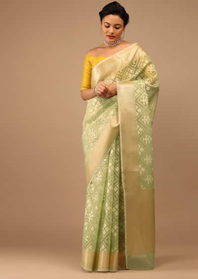 Opaline Green In Handloom Cotton And Banarasi Chanderi Geometric Woven Pattern