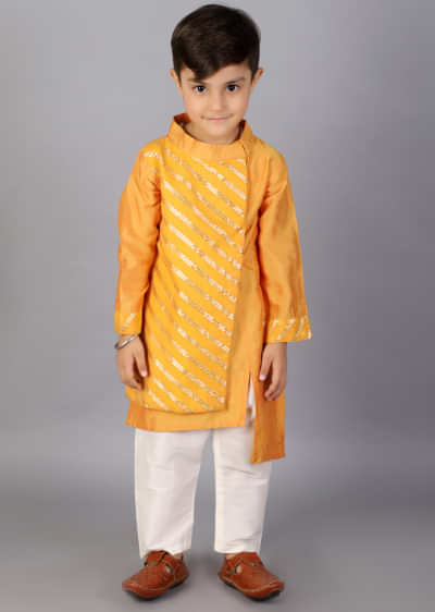 Kalki Boys Orange Assymetrical Kurta With Attached Jacket On One Side Featuring Zari Work