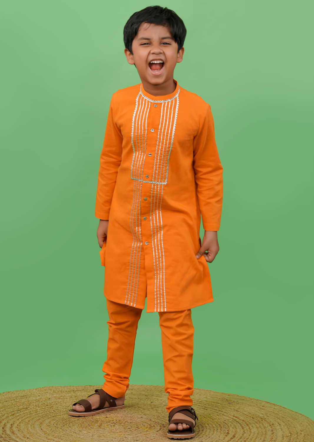 Kalki Boys Orange Kurta Set In Cotton With Gotta Patti Work And Metallic Buttons By Tiber Taber
