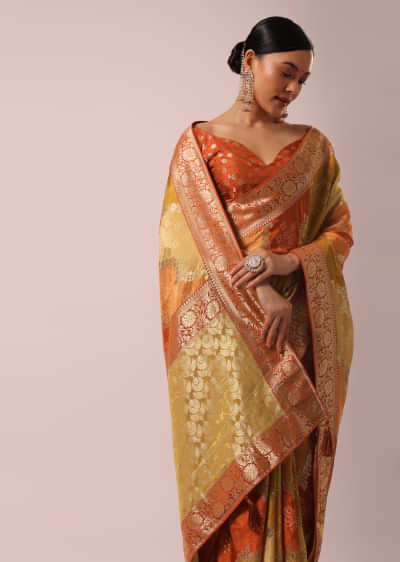 Orange Rangkat Saree With Bandhani Detail In Silk
