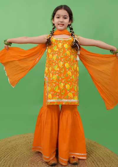 Kalki Girls Orange Sharara Suit In Cotton With A Straight Cut Mango Print Strappy Kurti By Tiber Taber