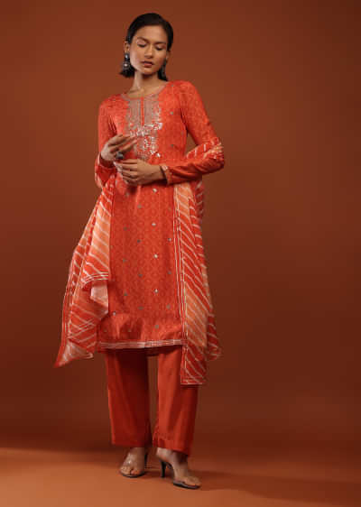 Orange Straight Cut Suit With Bandhani Print And Gotta Patti Embrodiered Yoke Design