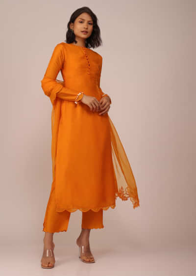 Orange Suit Set In Art Silk Adorned With Tassels