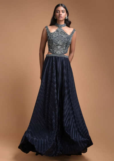 Organic Blue Gown With Embellished Bodice And Halter Neckline With Cut Outs In The Waist Online - Kalki Fashion