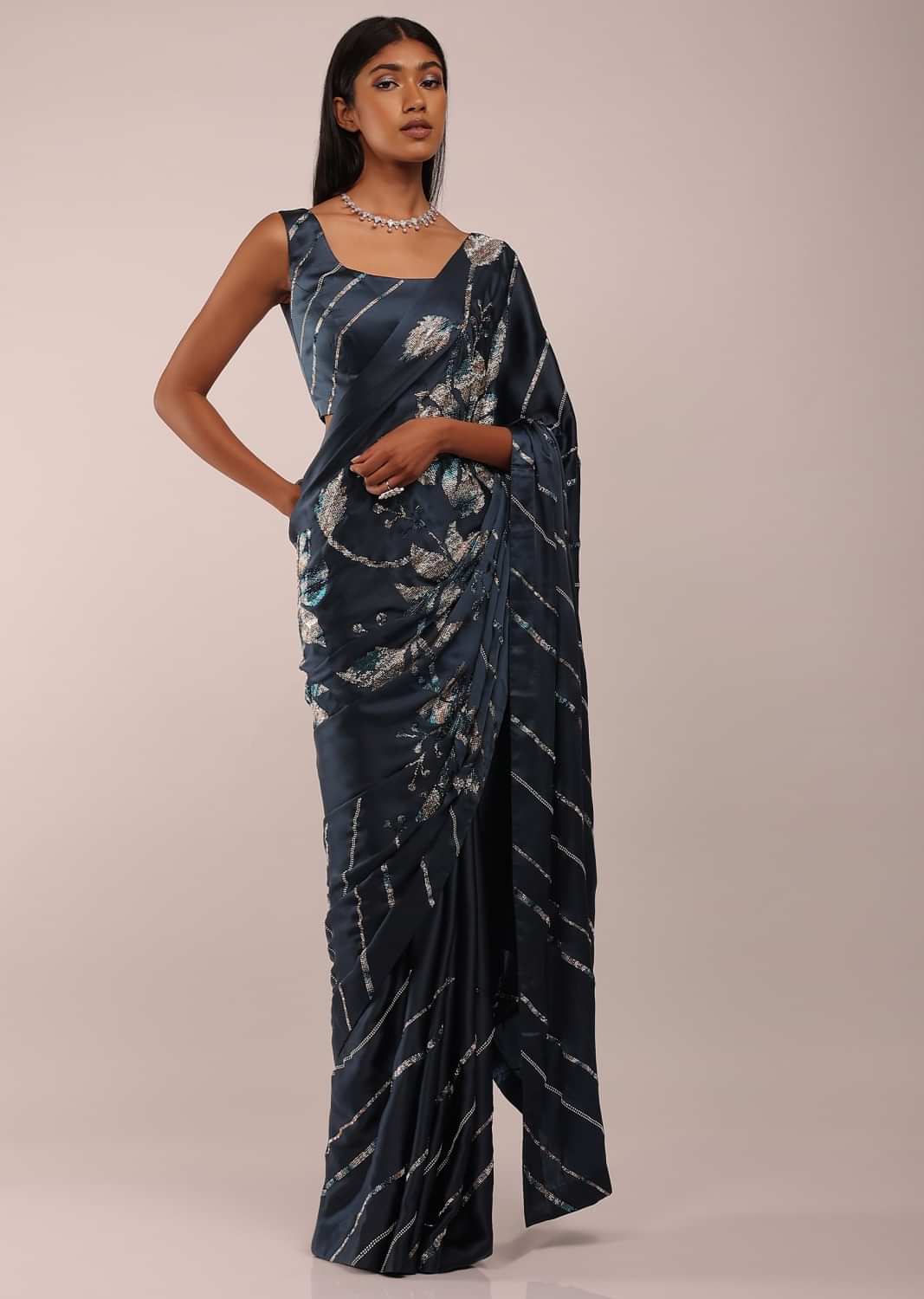 Orion Blue Satin Saree With Multi-Color Beads Embellished In Massive Floral Motifs With Beads In Horizontal Lines