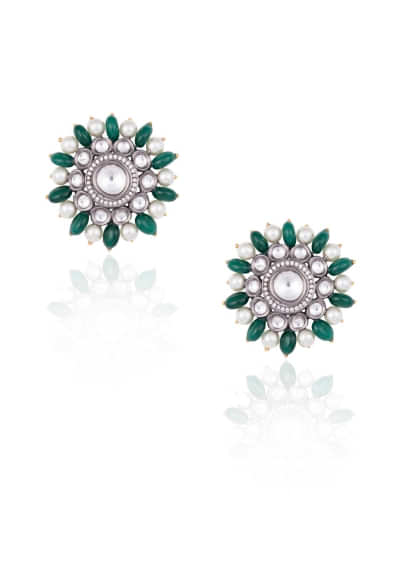 Oversized Floral Stud Earrings With Kundan, Pearls And Faux Emeralds By Aster 