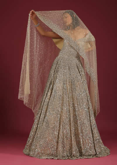 Net Oyster Gown With Layers, Embroidery Of 3D Petals And Moti, And A Cold Shoulder Neckline