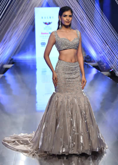 Oyster Mermaid Lehenga With A Veil And A Crop Top In Stone Motifs,Crafted In Organza With A Side Zip And Hooks Closure