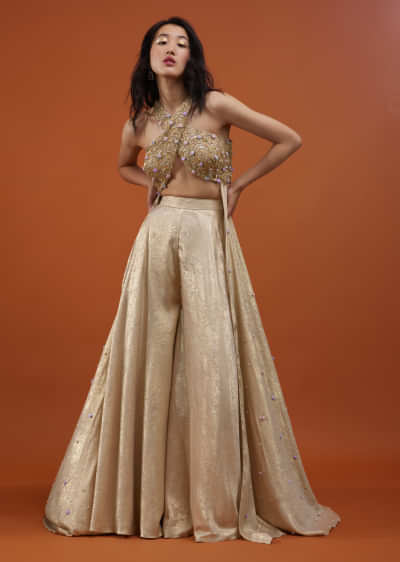 Gold Toned Palazzo Top In With Attached Cape - NOOR 2022
