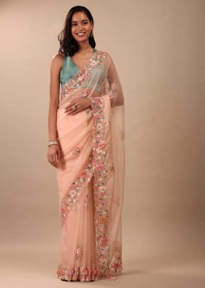 Pale Peach Saree In Organza With 3D Floral Embroidery In Cut Dana And Moti