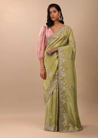 Grass Green Saree In Glass Tissue Fabric And Gotta Resham Embroidery With Cut Dana, Moti & Sequins