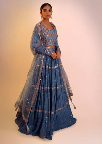 Parisian Blue Lehenga And Full Sleeves Choli With Sequins And Zari Embroidery