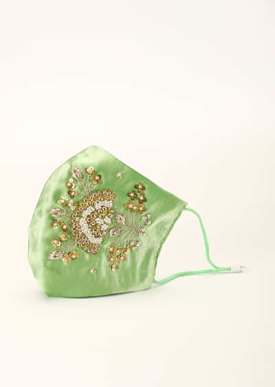 Parrot Green Mask In Satin Silk With Moti And Zardosi Embroidered Floral Motif