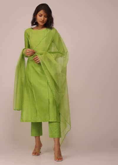 Parrot Green Suit Set In Art Silk With Tassels On The Sleeves