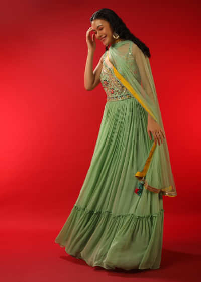 Pastel Green Anarkali Suit With Multi Colored Sequins And Mirror Able Work In Floral Motifs  