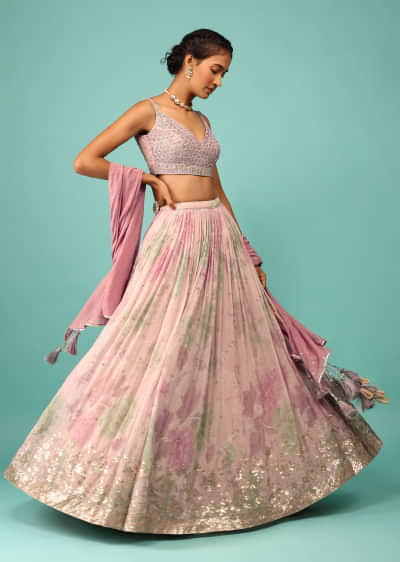 Onion Pink Lehenga In Georgette With Floral Print And Embroidery