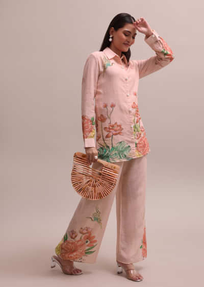 Pastel Peach Floral Printed And Sequin Worked Linen Co-ord Set For Summer