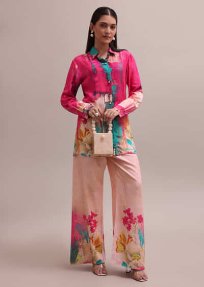 Pastel Pink Shell Worked Linen Summer Co-ord Set With Abstract Floral Prints