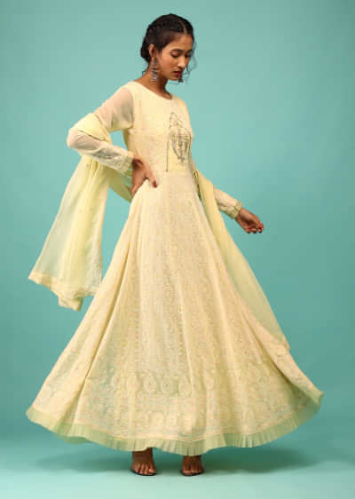 Pastel Yellow Anarkali Suit With Lucknowi Thread Work And Zardozi Embroidered Motif