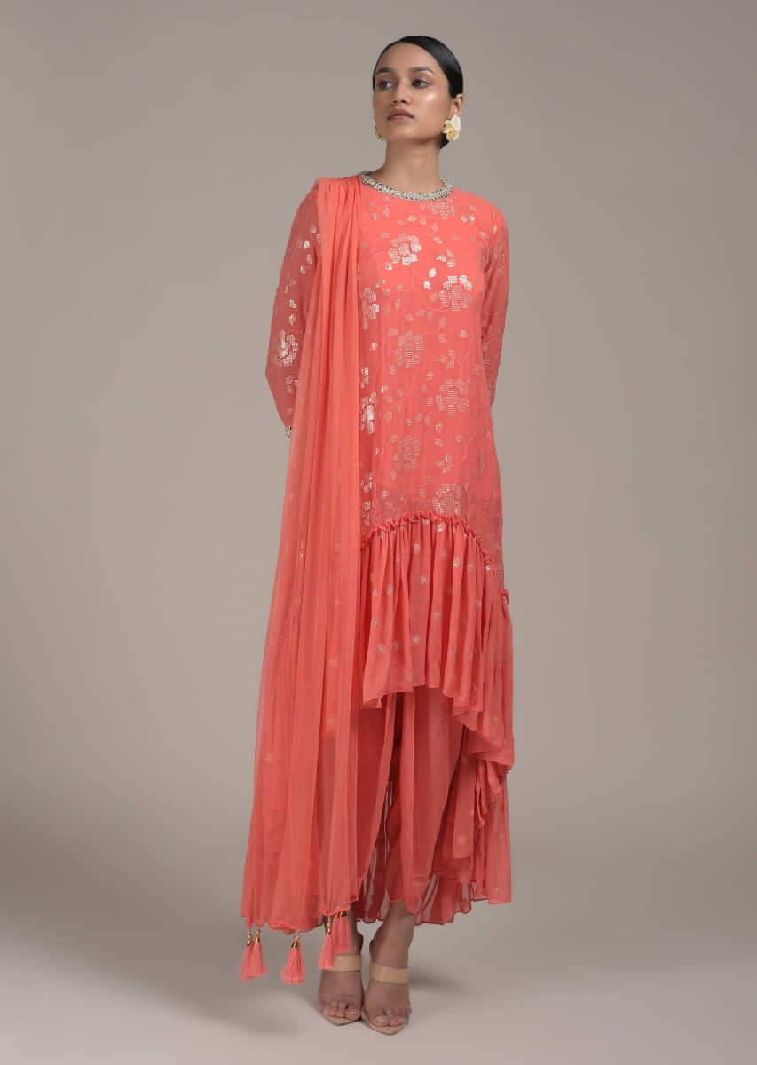 Peach Dhoti Suit With Flared Frill Kurti Embroidered Using Sequins And Thread In Floral Design  