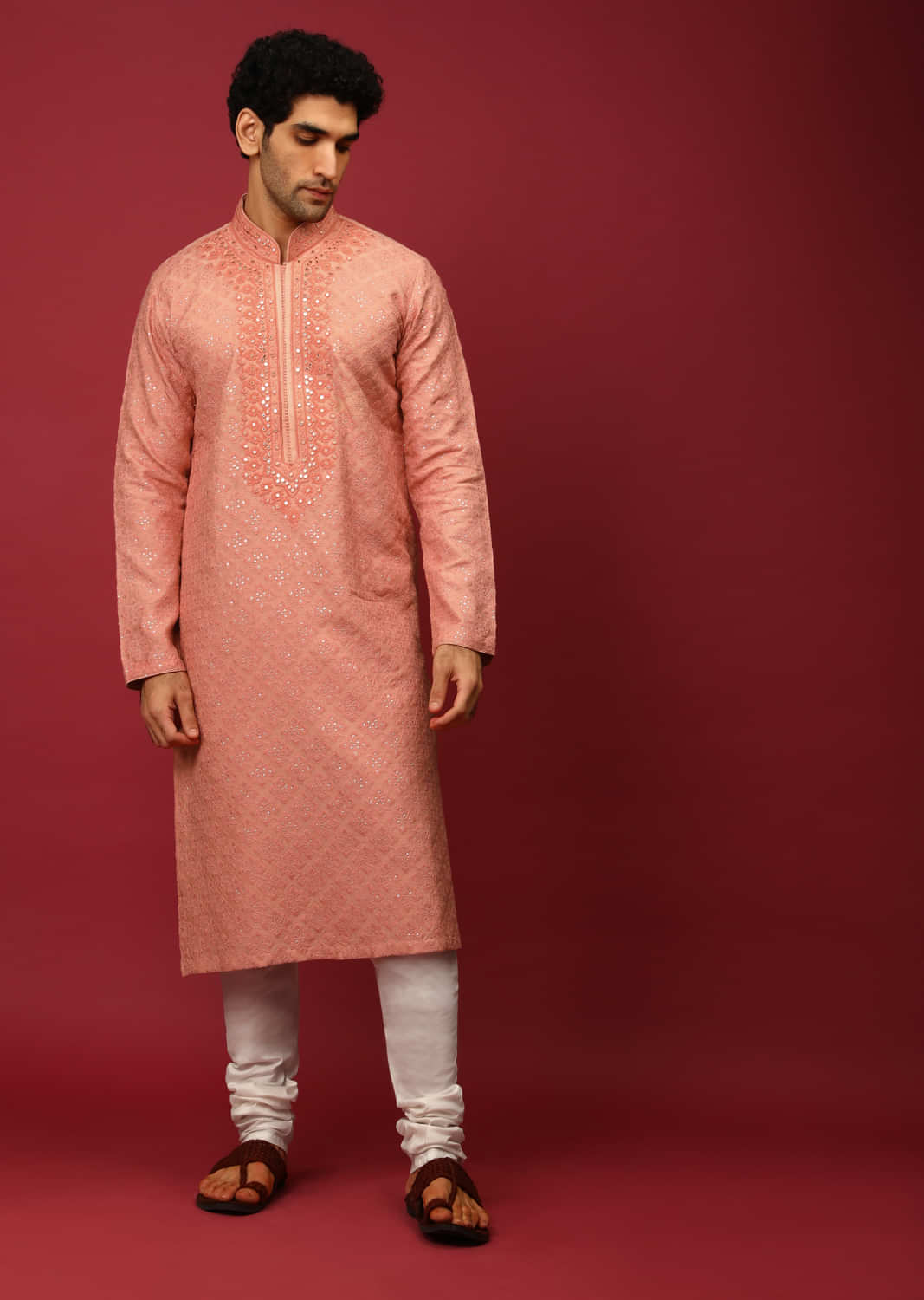Peach Kurta Set In Raw Silk With Resham And Mirror Embroidered Floral Buttis  