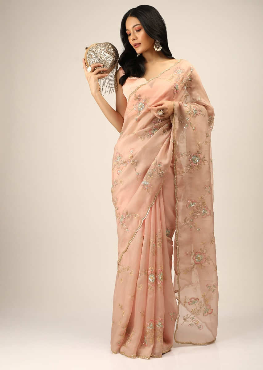 Peach Saree In Organza With Multi Colored Sequins And Resham Embroidered Flowers And Cut Dana Accents  