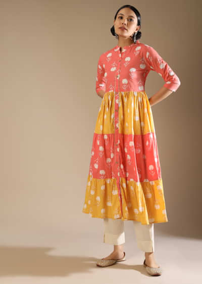 Peach And Yellow Tiered Kurti In Cotton With Floral Printed Buttis And Gotta Lace Work 
