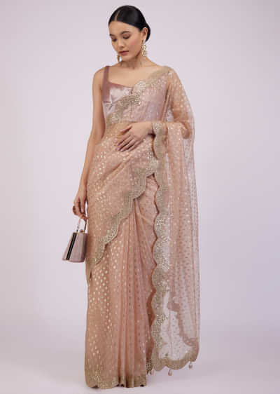 Dusty Pink Saree In Organza With Foil Print And Embroidery