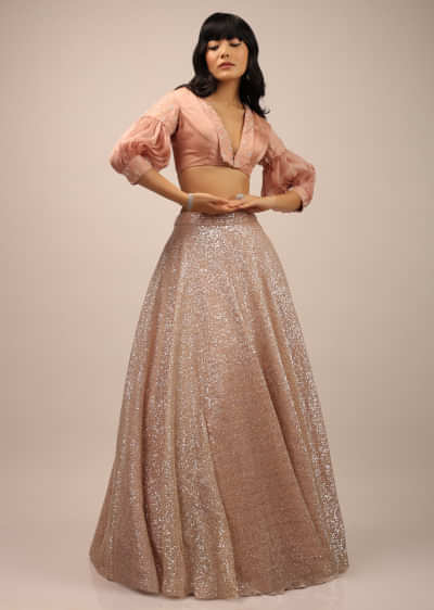 Peach Crop Top And Skirt Made In Organza With Sequins Work 