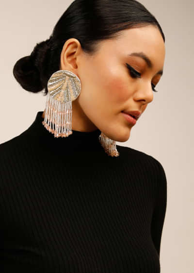 Peach Earrings With Cut Dana And Two Toned Zardosi Work Along With Fringe Detail 