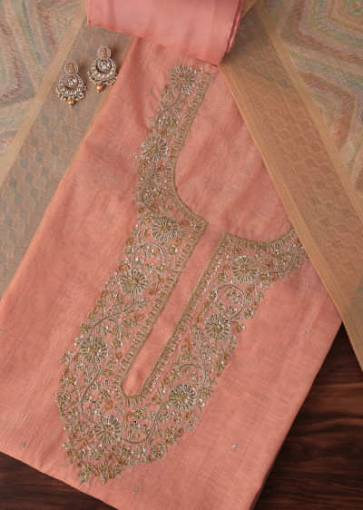 Peach Zari Embroidered Chanderi Top With Woven Banarasi Dupatta Unstitched Dress Material
