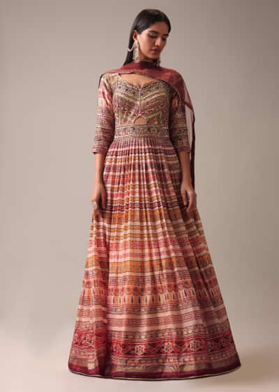 Peach Indie Print Anarkali Suit Set In Tussar Silk